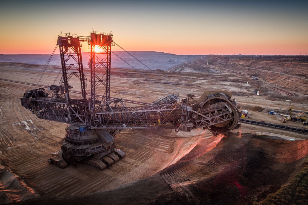 A lignite surface mine with a giant bucket wheel excavator